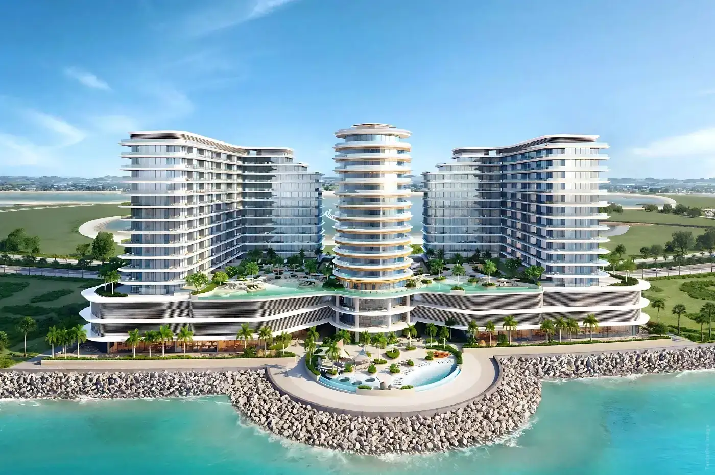 Dubai Creek Gardens towers and landscaped waterfront, Al Jaddaf