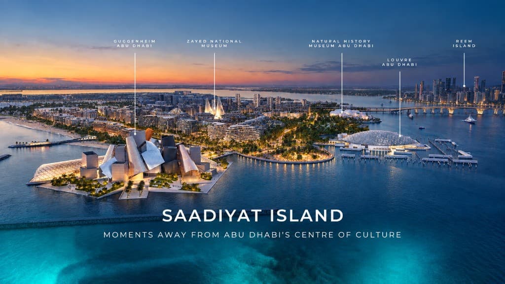 Map-style view of Saadiyat Cultural District landmarks near Sei Saadiyat 2 by Aldar — Louvre Abu Dhabi, Zayed National Museum and Guggenheim Abu Dhabi on Saadiyat Island, Abu Dhabi