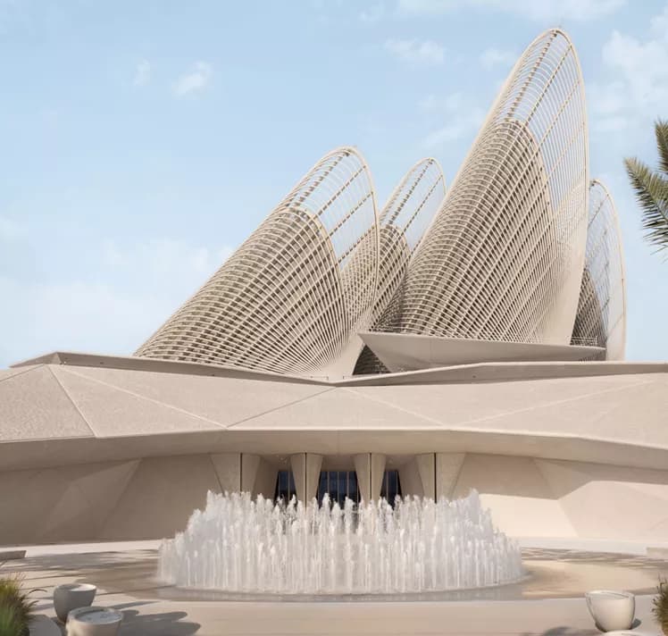 Zayed National Museum falcon-wing architecture near Sei Saadiyat 2 by Aldar in Saadiyat Cultural District, Abu Dhabi — reference institutional imagery