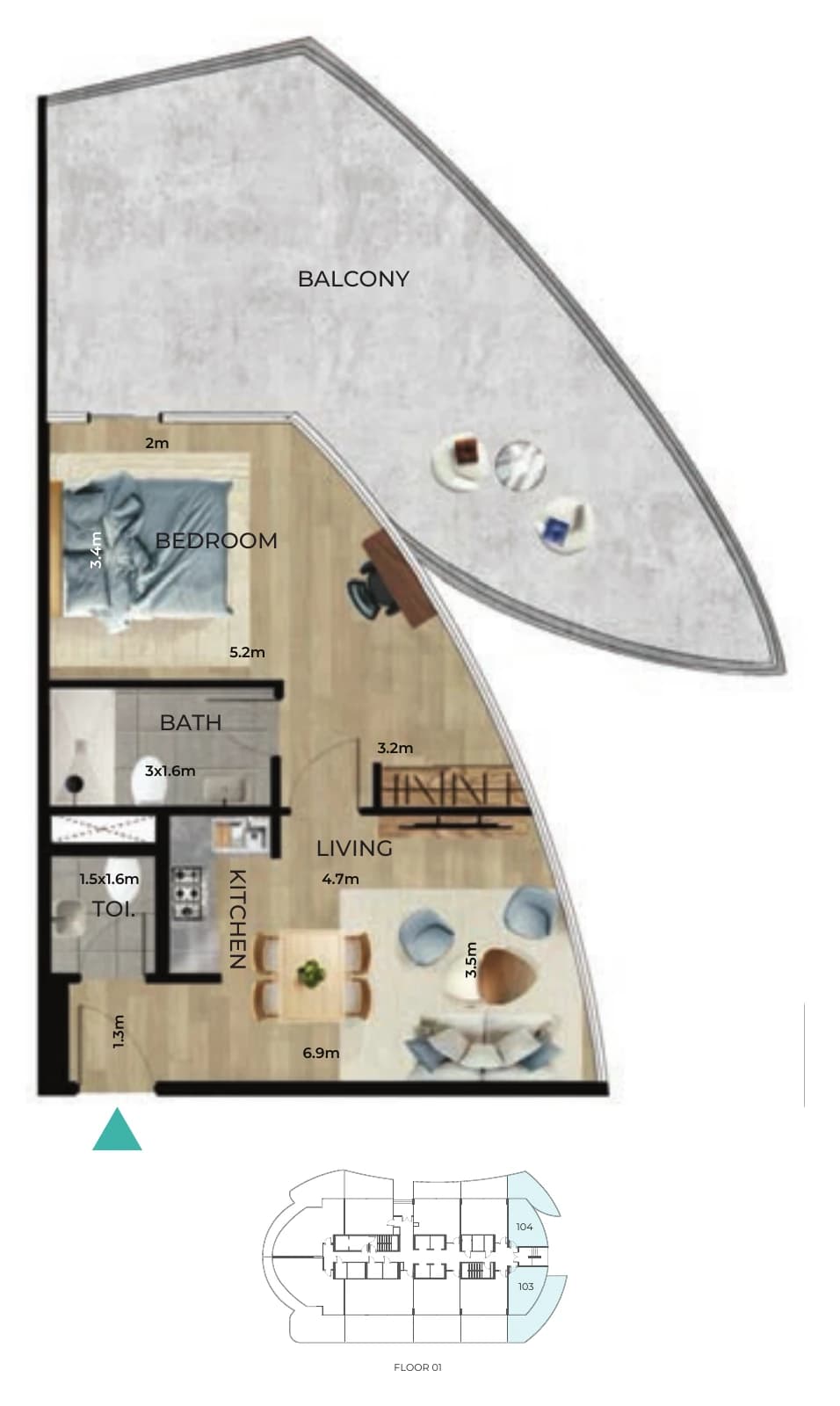 1 bedroom type B floor plan