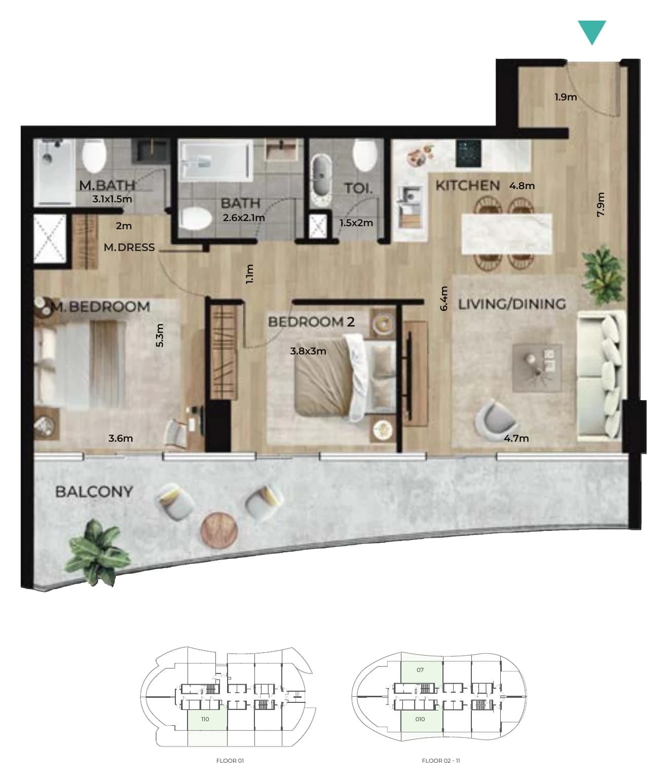 2 bedroom type A floor plan